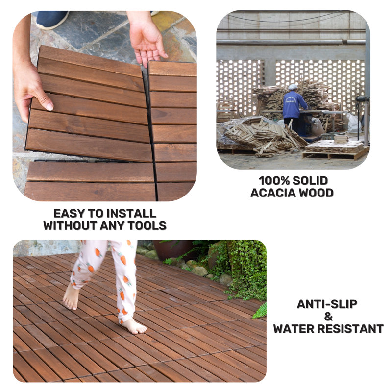 BEEFURNI Interlocking 12" x 12" Flooring Tile Wood Interlocking Deck